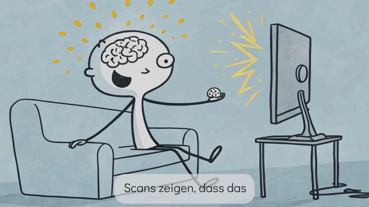 Strichfigur auf dem Sofa mit leuchtendem Gehirn, hält eine kleine Belohnung und schaut auf einen Fernseher mit Funken