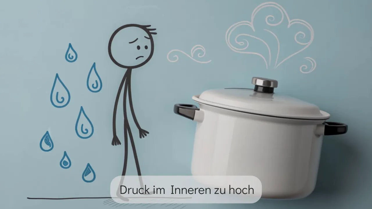 Zeichnung mit Strichmännchen, Regentropfen und einem Kochtopf mit Dampf; Text 'Druck im Inneren zu hoch'