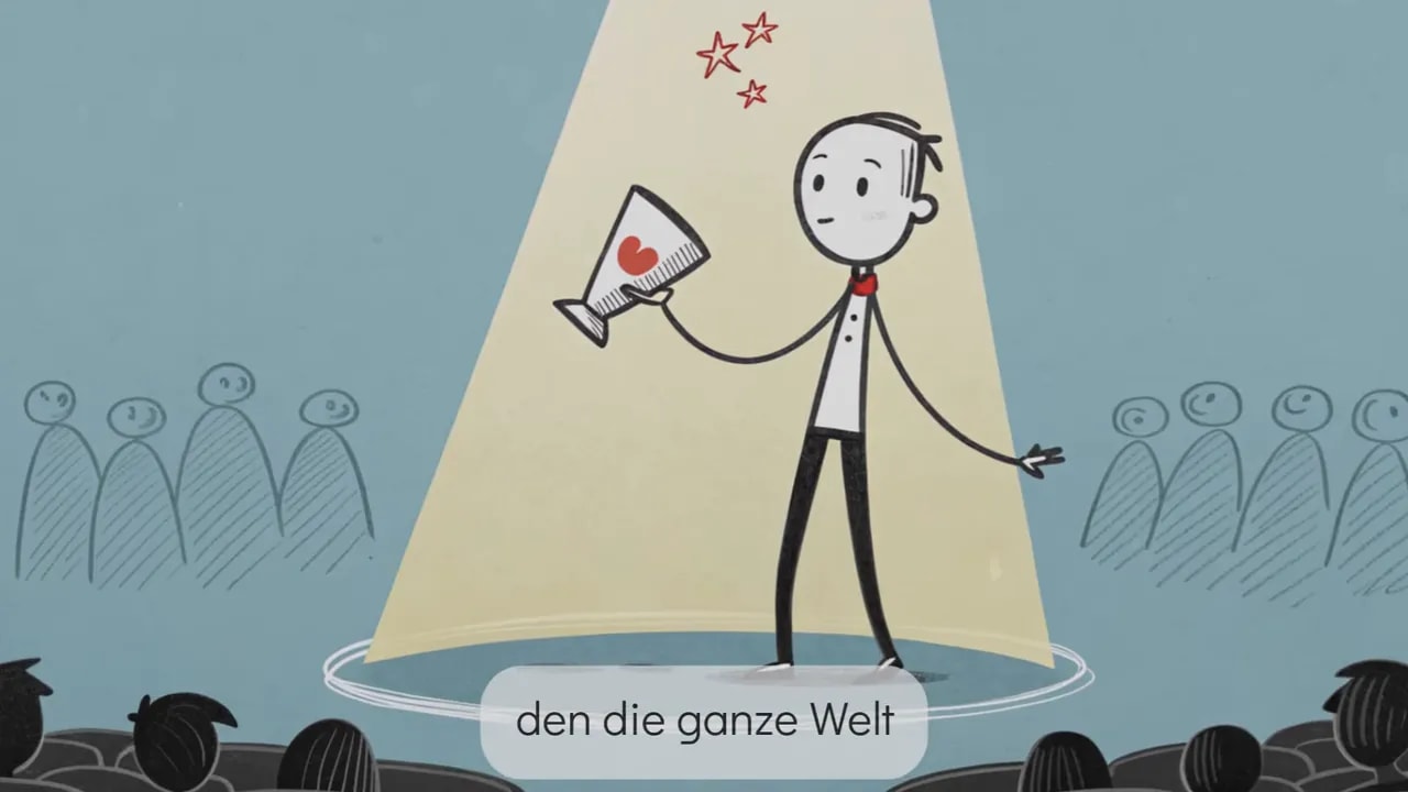 Klare Illustration einer Person auf der Bühne im Scheinwerfer, Publikum undeutlich im Hintergrund.