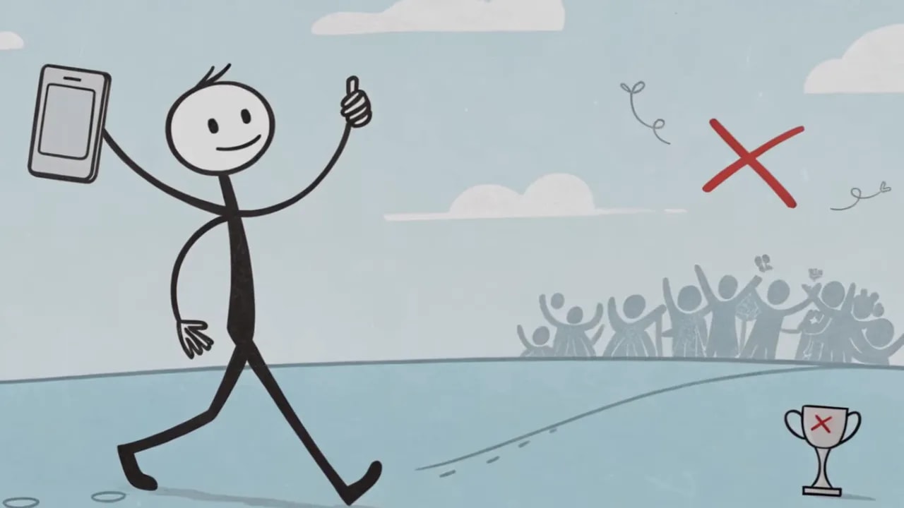 Strichmännchen geht selbstbewusst; im Hintergrund undeutliches Publikum, rotes X und kleiner durchgestrichener Pokal