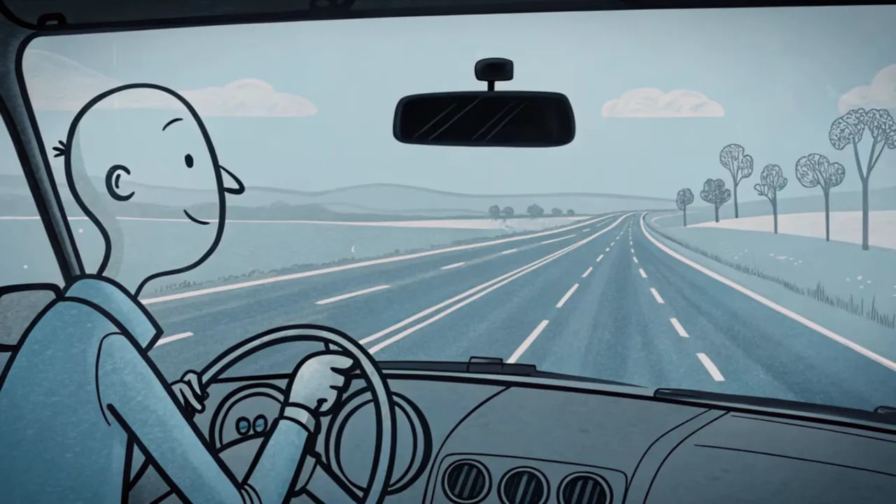 Klarer Cartoon: Person am Steuer blickt auf eine leere, weite Straße; symbolisiert Verantwortung übernehmen