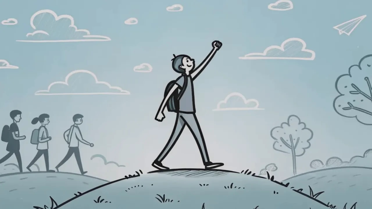 Strichmännchen läuft selbstbewusst über einen Hügel mit erhobenem Arm; weitere Figuren folgen im Hintergrund.