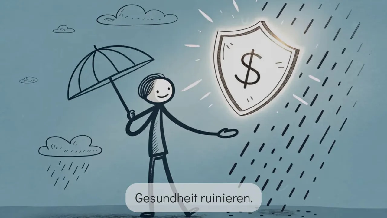 Strichzeichnung einer Person mit Regenschirm und einem leuchtenden Schild mit Dollarezeichen, das den Regen abwehrt