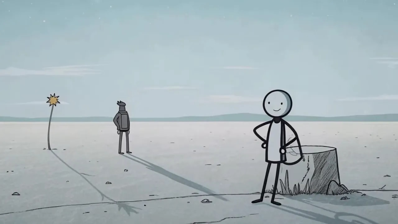 Strichmännchen steht selbstbewusst neben einem Baumstumpf in einer weiten, leeren Landschaft