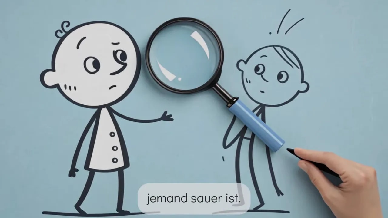 gezeichnete figuren mit lupe im fokus und hand mit stift