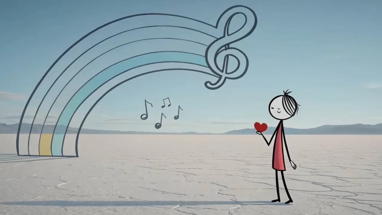 Klare Illustration: Noten- Regenbogen und eine Strichfigur mit rotem Herz – steht für Interesse an Musik statt Sport.