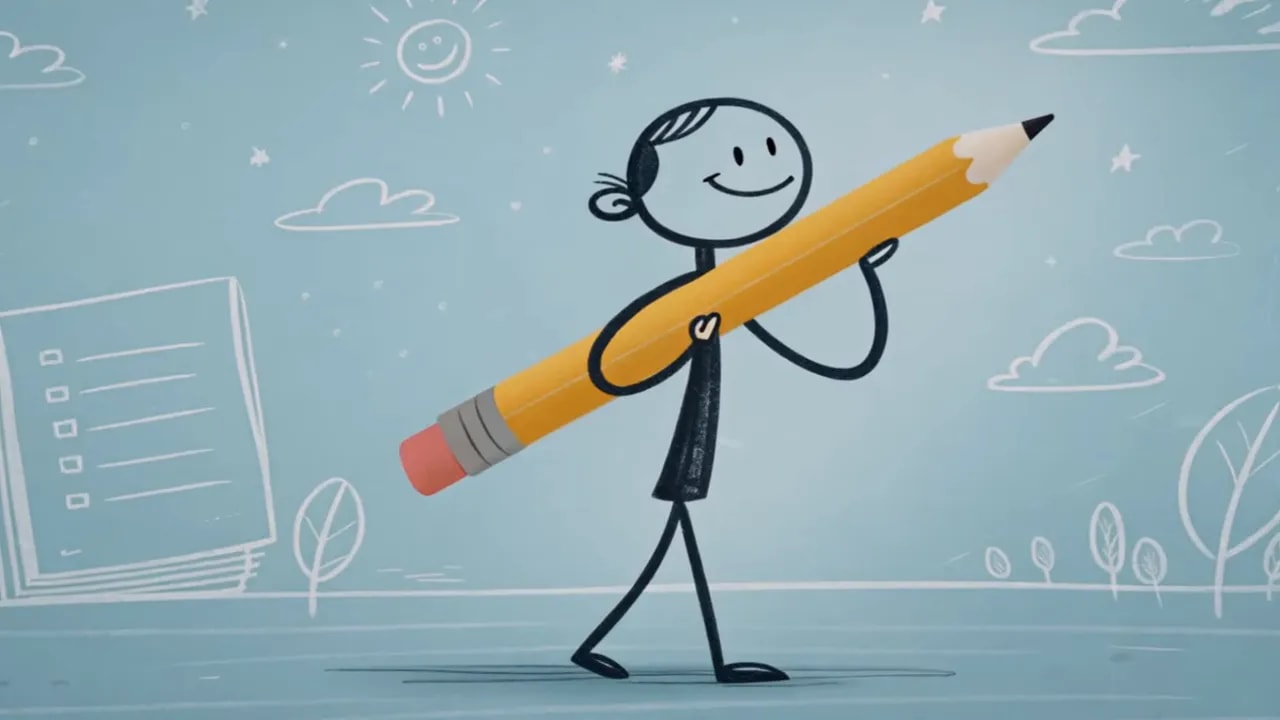 Klares Strichmännchen trägt großen Bleistift vor hellblauem, illustrativem Hintergrund.