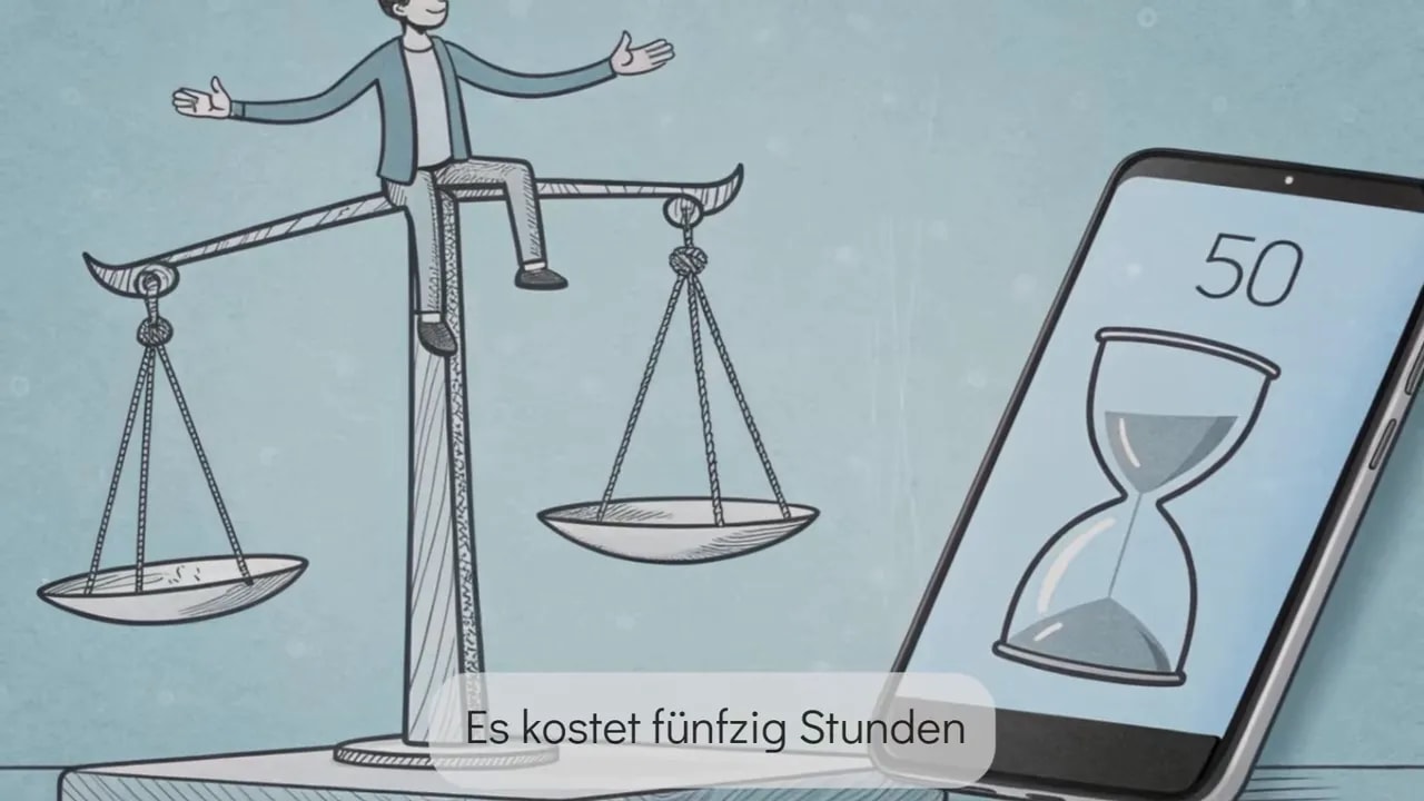 Smartphone mit Sanduhr und Zahl 50 neben einer Waage, Symbol für Arbeitszeitkosten