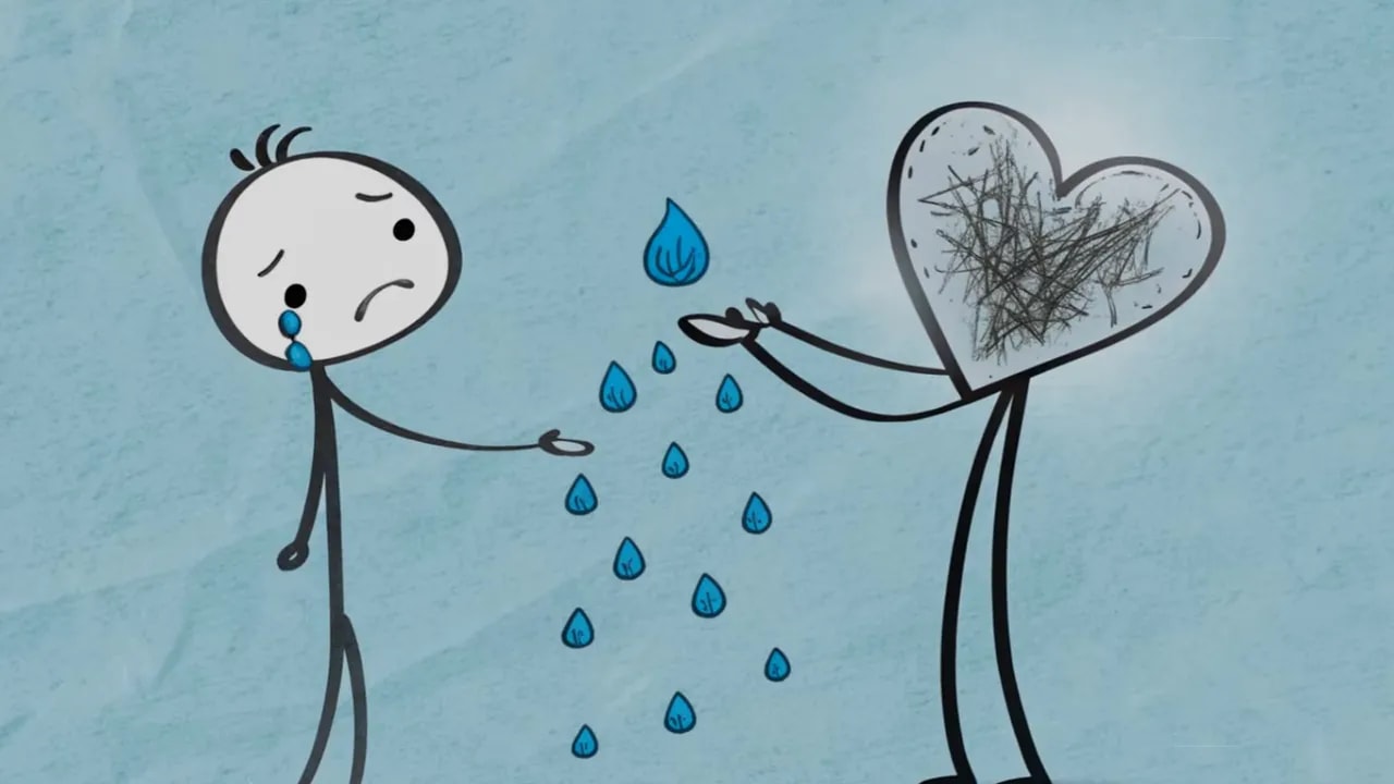 klare illustration: weinende strichfigur links, herzförmige figur rechts gießt blaue tränentropfen in die mitte; symbolisiert heilende wirkung von weinen