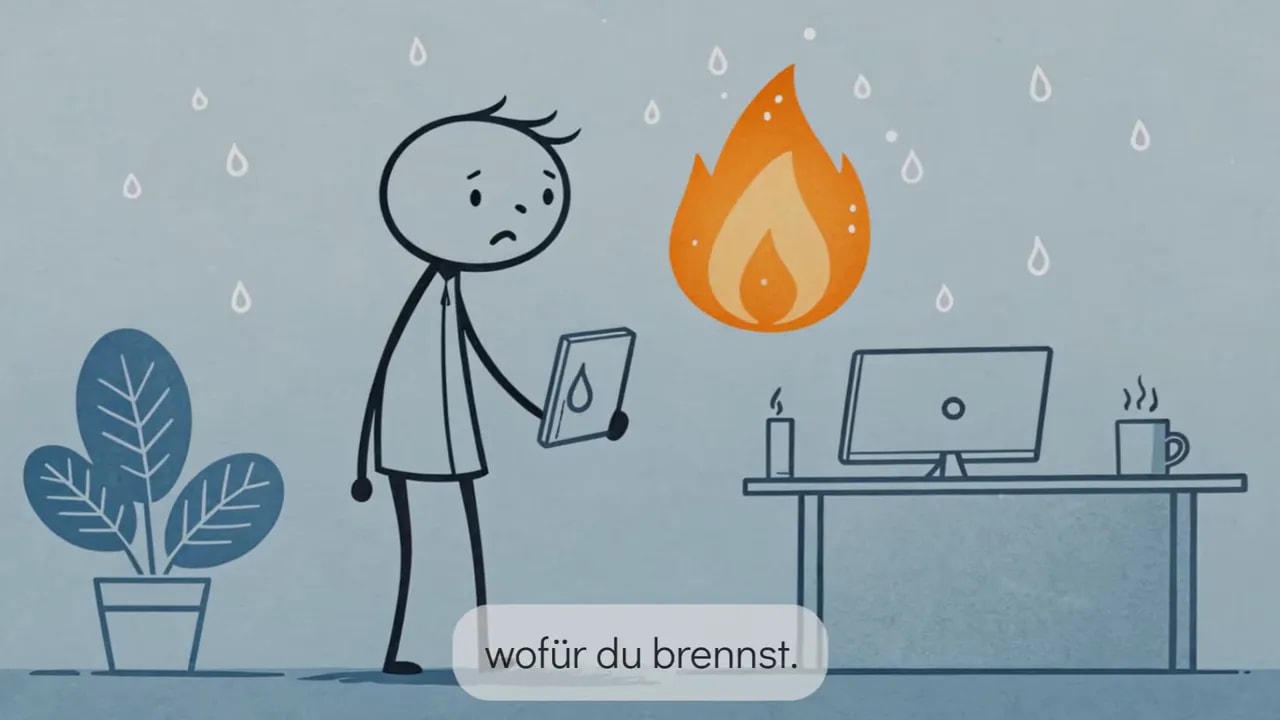 Strichmännchen hält ein Tablet, große orange Flamme über dem Schreibtisch symbolisiert Leidenschaft, Regentropfen als Tränen im Hintergrund