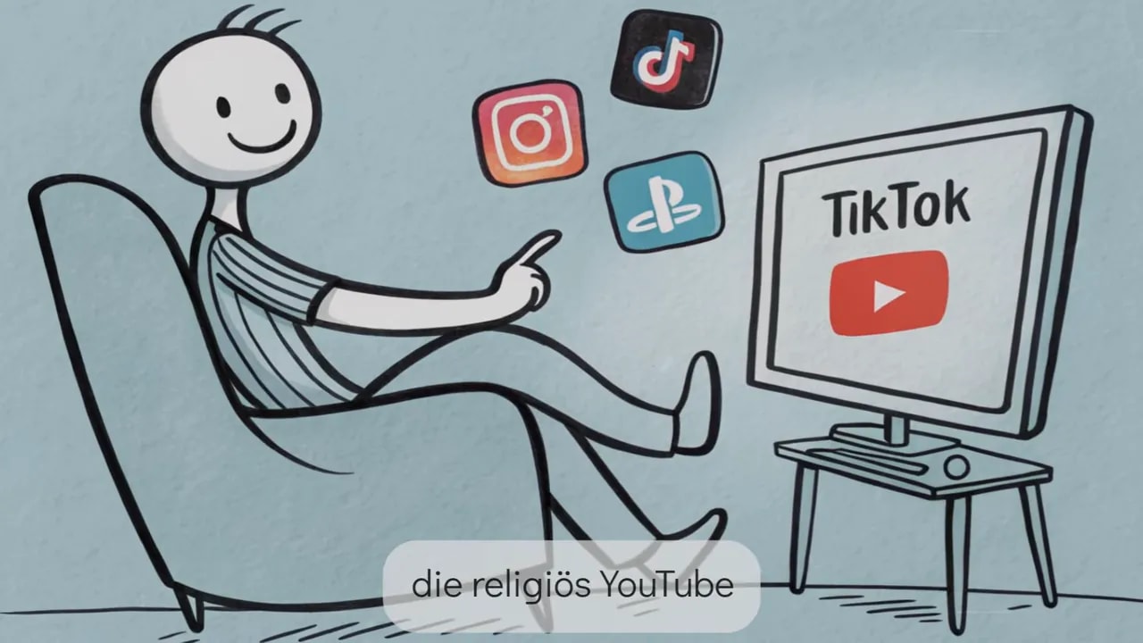 Strichfigur entspannt im Sessel vor Fernseher mit 'TikTok' und YouTube-Play-Symbol, daneben schwebende App-Icons wie Instagram und TikTok