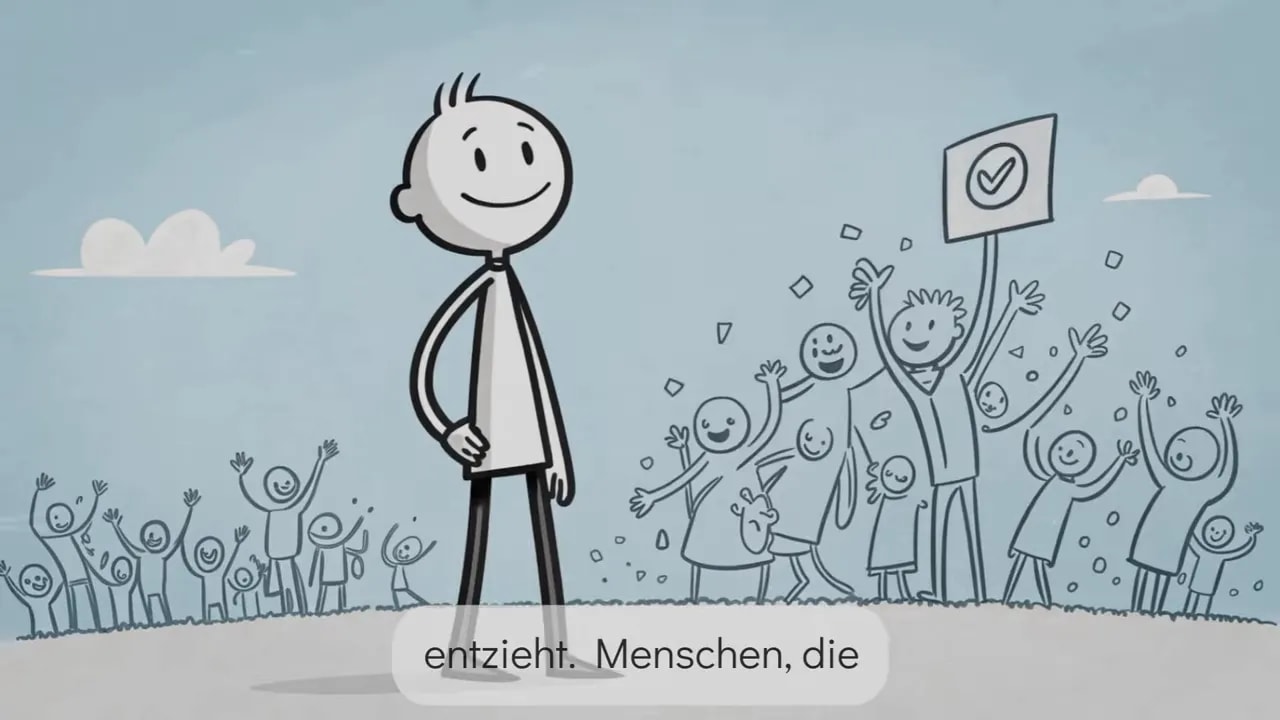 Glückliches Strichmännchen steht allein vorn; im Hintergrund jubelnde Menschen