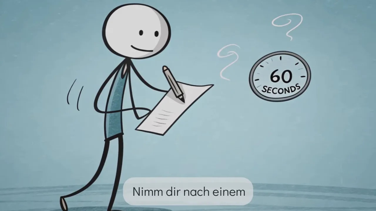 Strichmännchen notiert in einem Notizblock, daneben eine Uhr mit Aufschrift '60 seconds'.