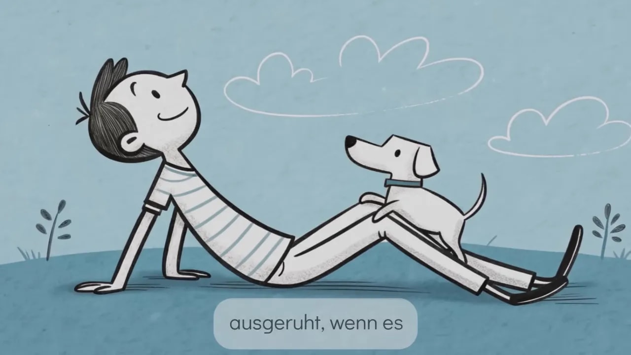 Strichfigur liegt entspannt auf dem Boden im Freien, ein kleiner Hund sitzt auf ihren Beinen; Wolken im Hintergrund.