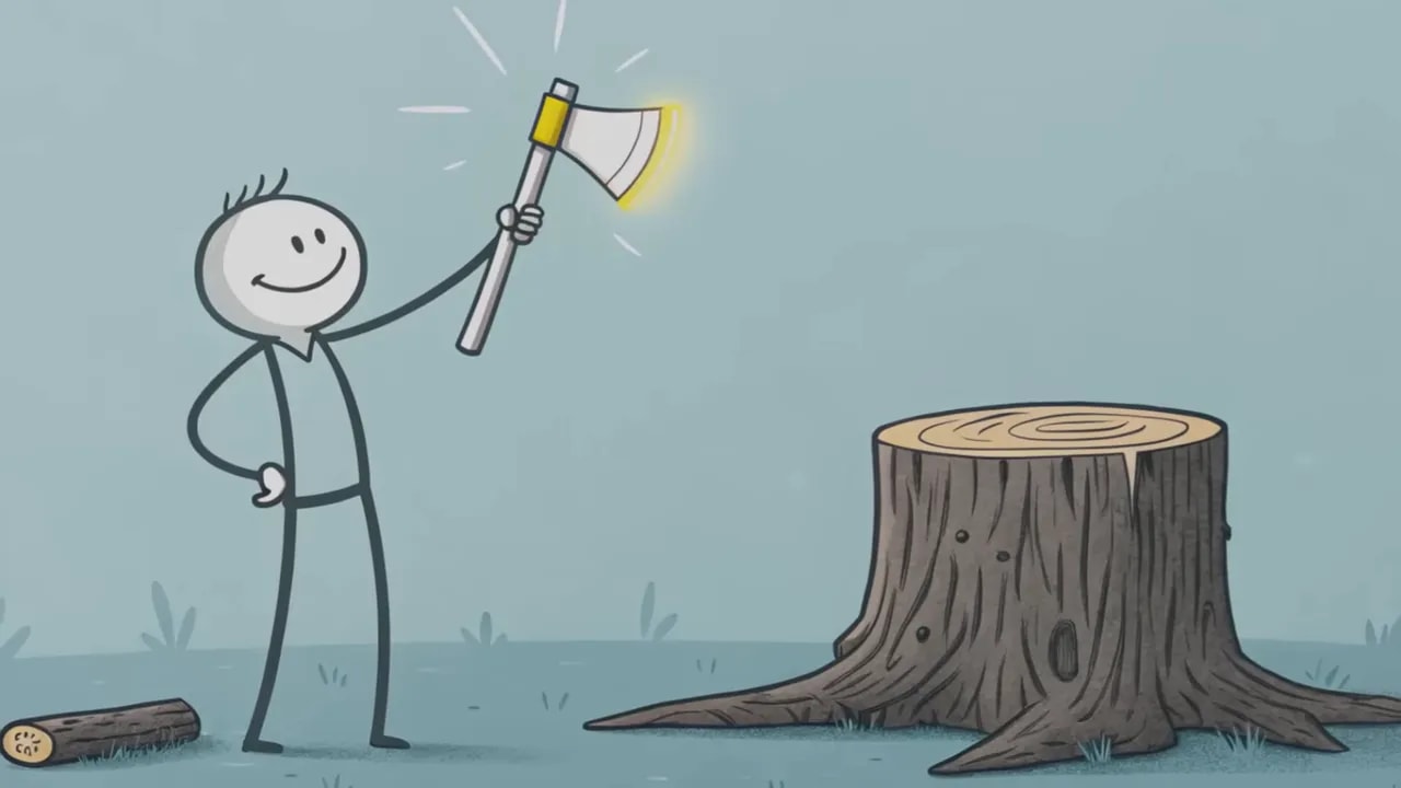 Strichmännchen hält eine glänzende Axt neben einem Baumstumpf, Illustrationsstil