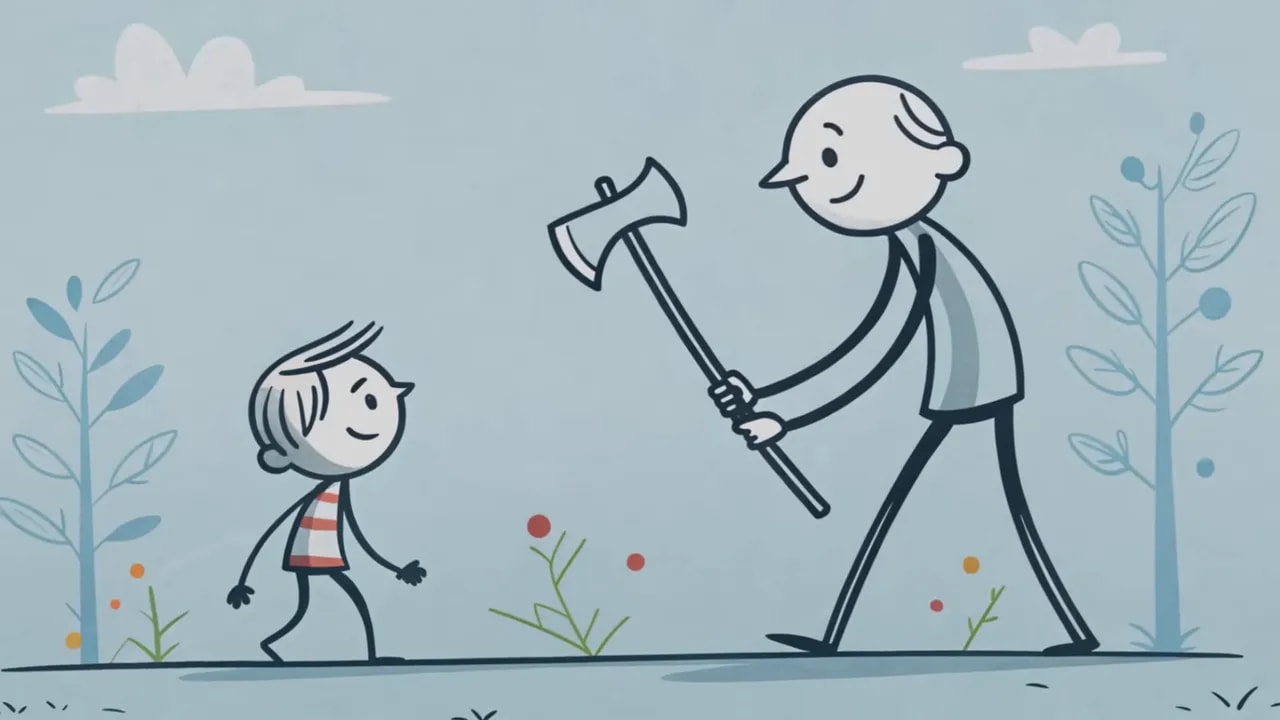 Illustration: Älterer Mann übergibt einem Jungen eine Axt, symbolisch für Erfahrung und Anleitung.