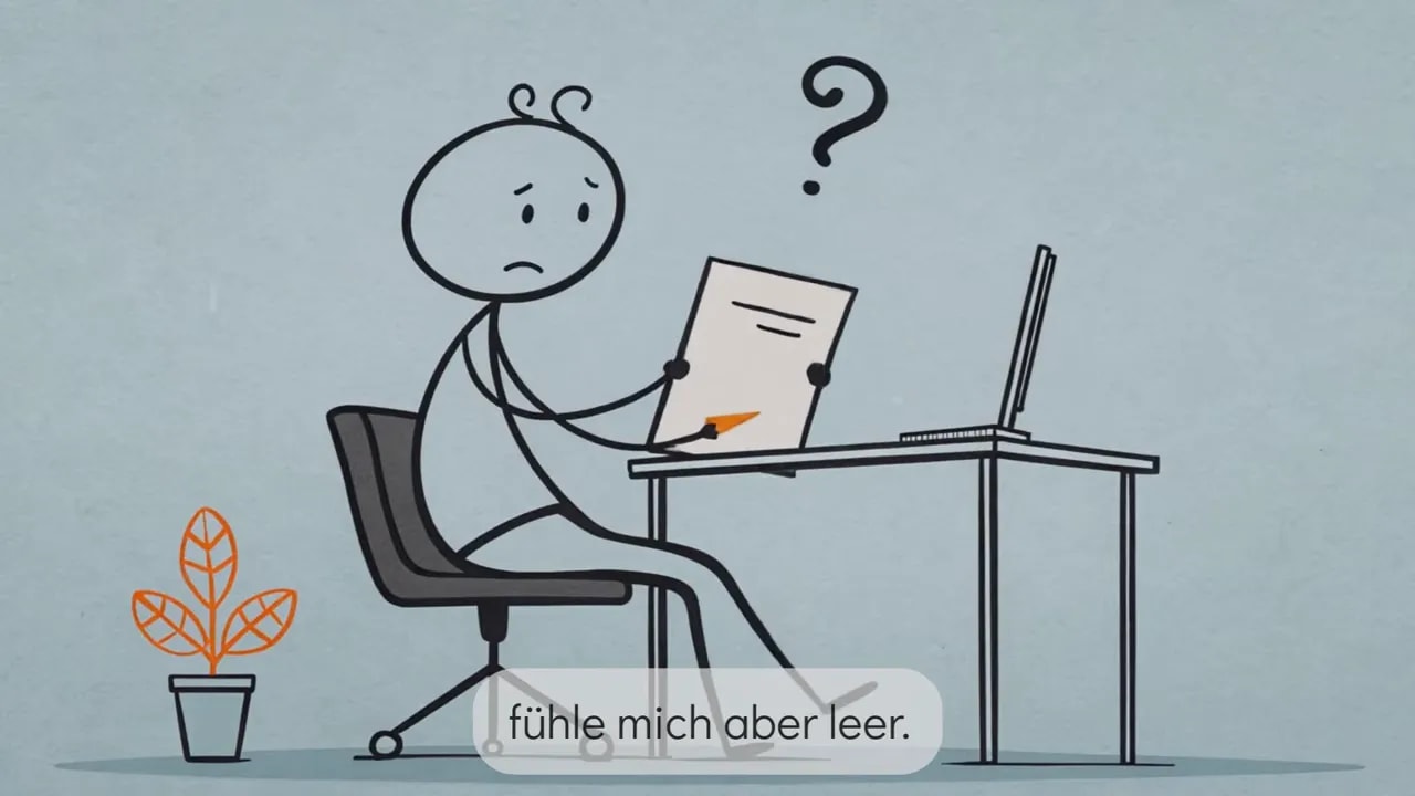 Strichmännchen am Schreibtisch hält ein Blatt, darüber ein Fragezeichen – Darstellung von Unsicherheit bei der Bestandsaufnahme.