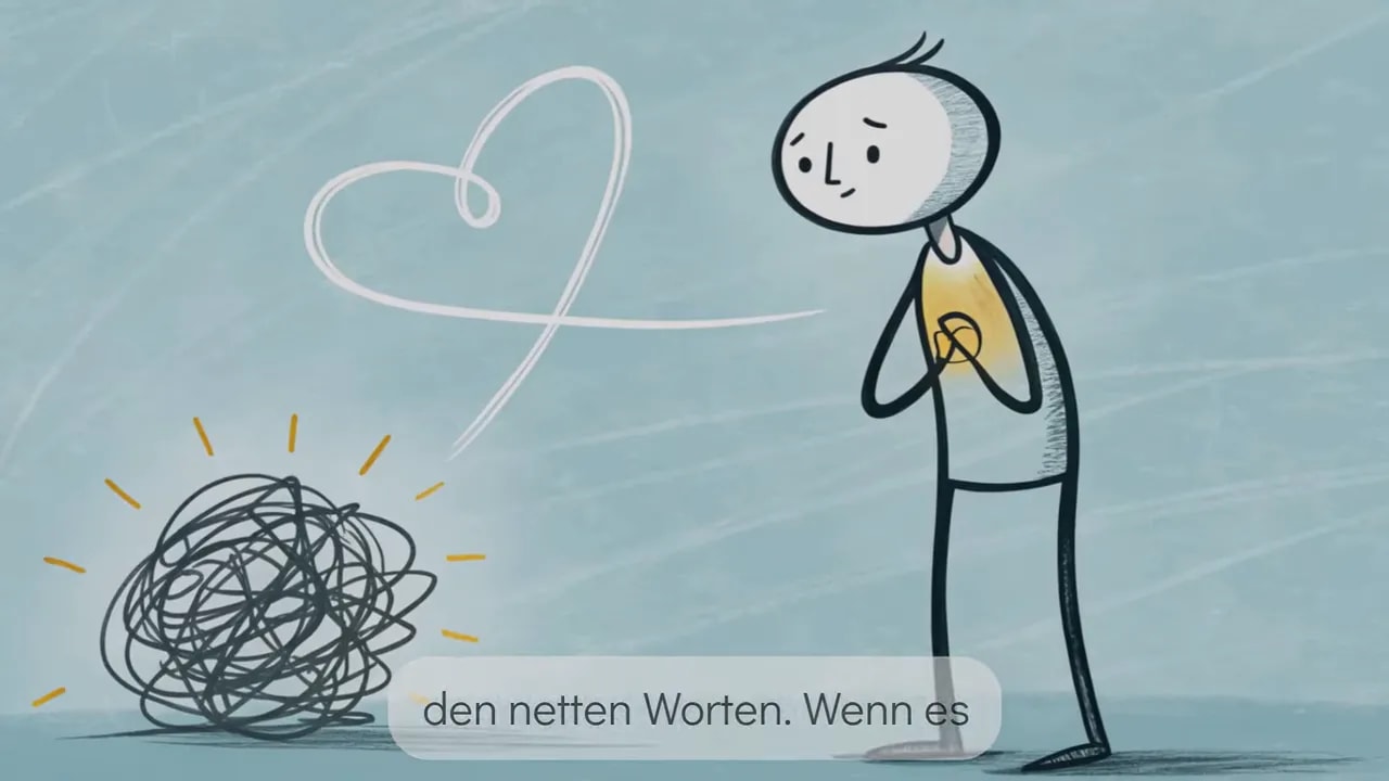 Strichmännchen hält die Hände an die Brust, daneben ein wirres Knäuel; Herzlinie im Hintergrund