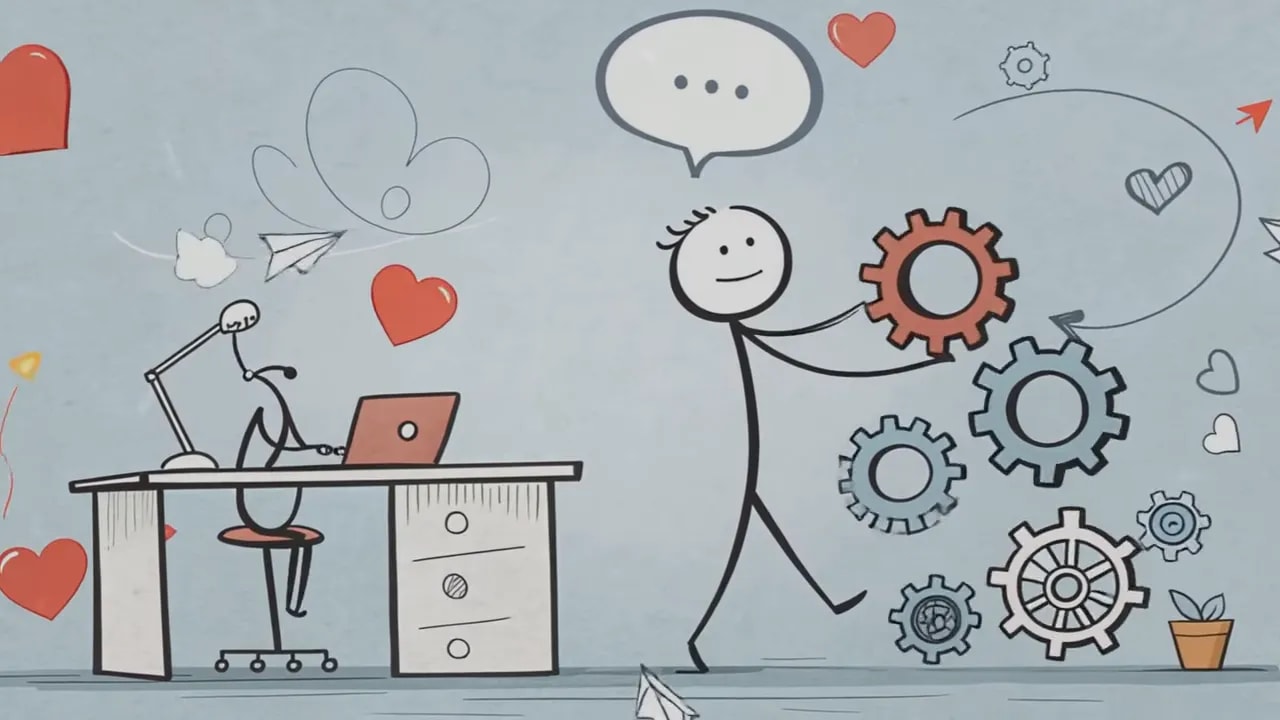 Strichmännchen arrangiert Zahnräder neben Schreibtisch; Herzsymbole schweben umher
