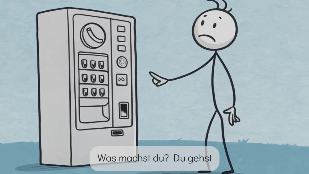 Strichmännchen vor Getränkeautomat mit Untertitel 'Was machst du? Du gehst...'.