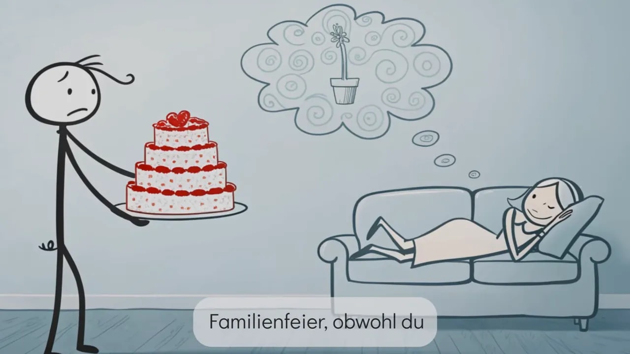 Strichmännchen hält Kuchen, erschöpfte Person liegt auf Sofa und denkt an Ruhe