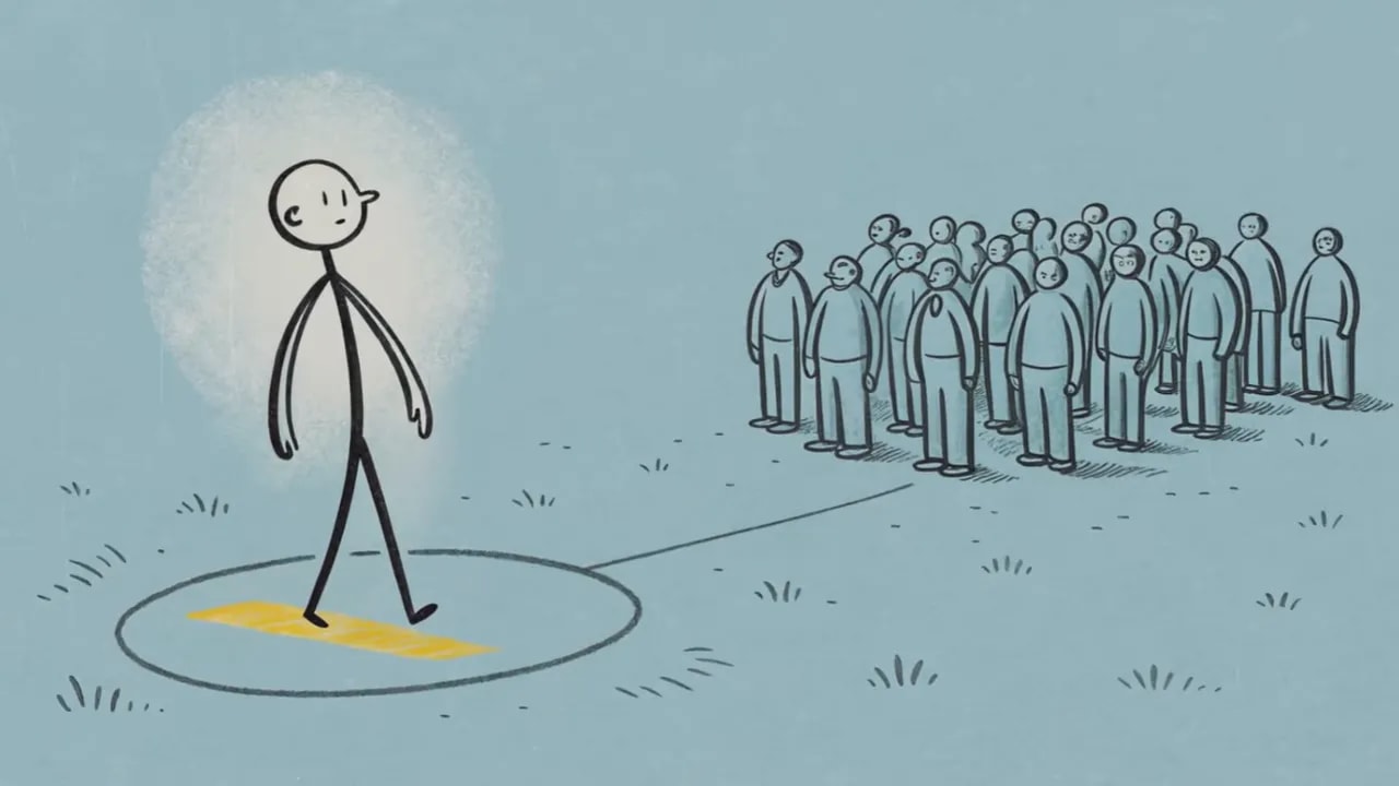 Strichmännchen steht in einem hellen Kreis, eine Menschenmenge steht weiter entfernt