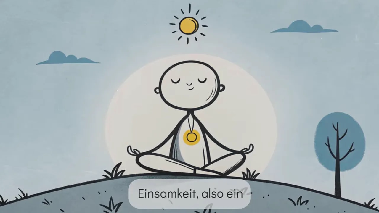 Illustration einer meditierenden Person auf einem Hügel mit Sonne darüber, symbolisiert erholsames, gewähltes Alleinsein.