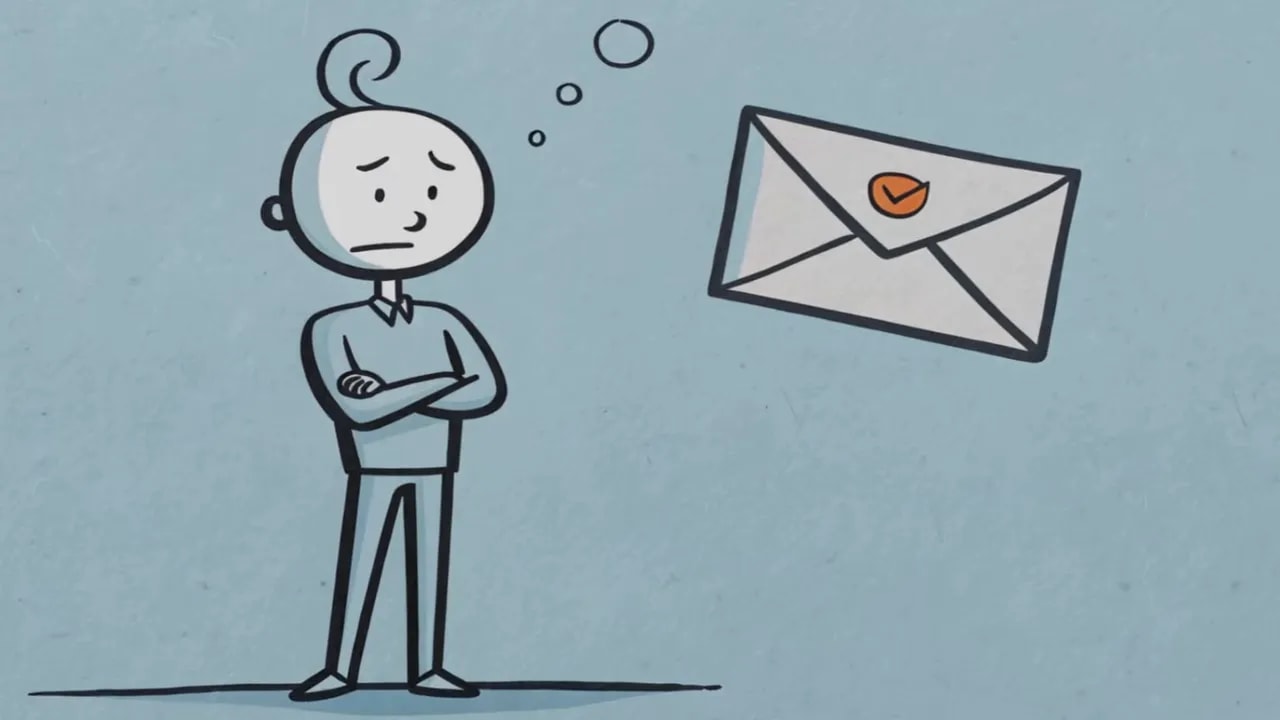 Illustration: nachdenkliche Person und ein gezeichneter Briefumschlag als Nachrichtssymbol