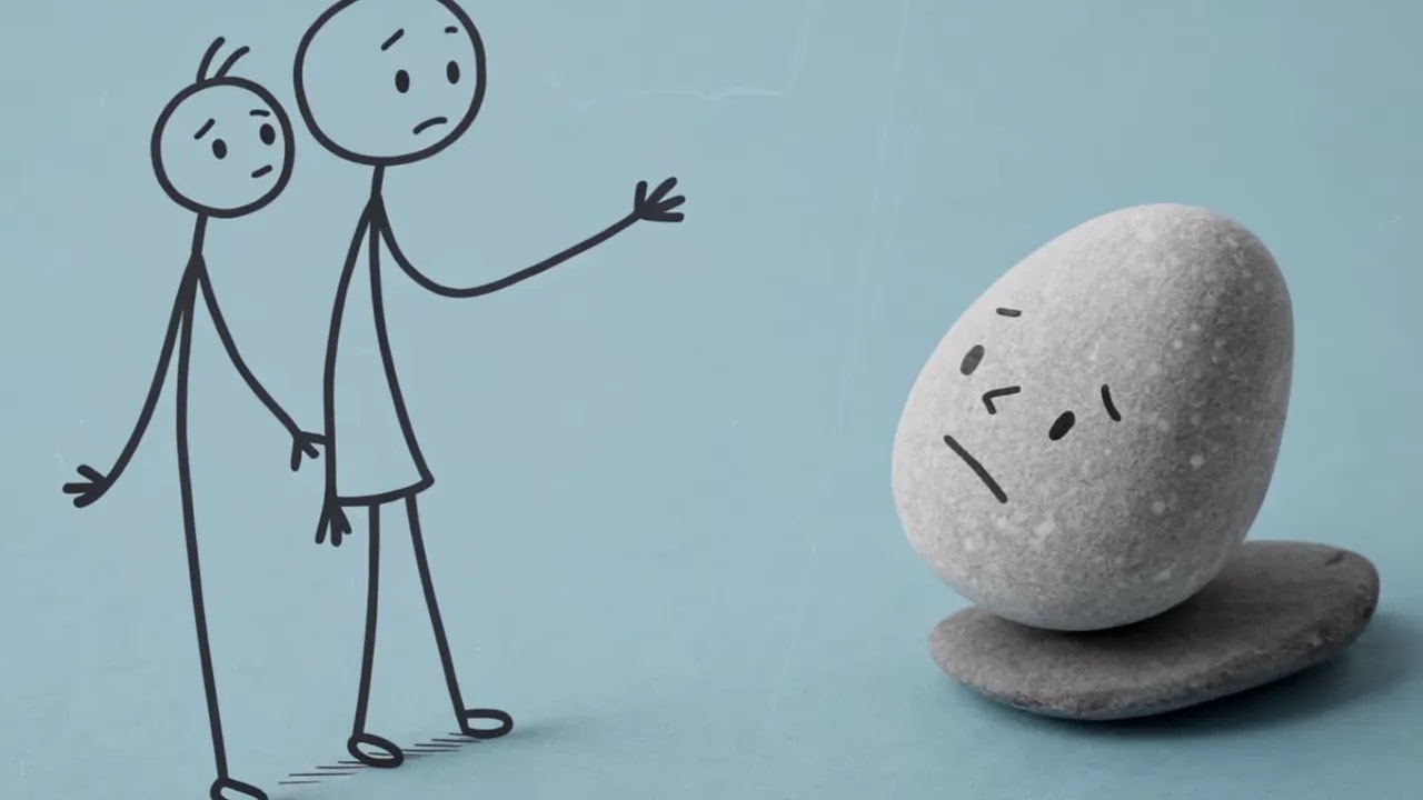 Strichmännchen stehen vor einem grauen Stein mit Gesicht – Symbol für die Graue‑Stein‑Methode.