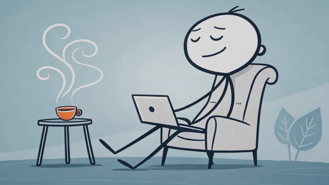 Illustration: Person entspannt im Sessel mit Tablet/Computer-ähnlichem Bildschirm und einer Tasse Tee