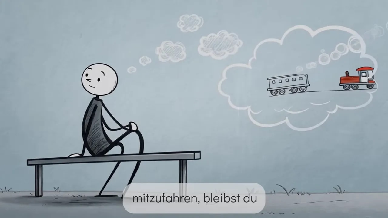 Illustration einer Person auf einer Bank am Bahnhof, die Gedanken als Züge am Himmel/als Metapher beobachtet