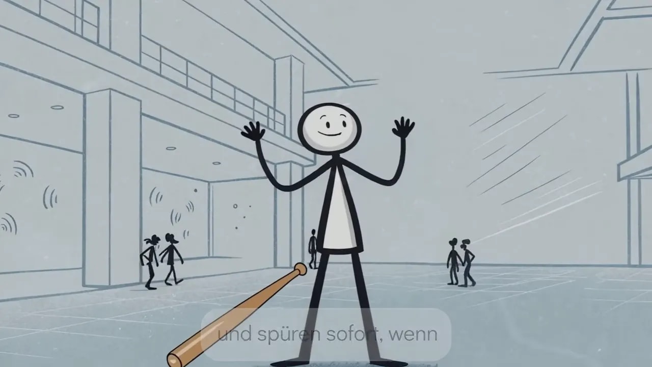 Illustration einer Person, die im Vordergrund soziale Eindrücke aufnimmt, während andere Menschen im Hintergrund auf Distanz sichtbar sind