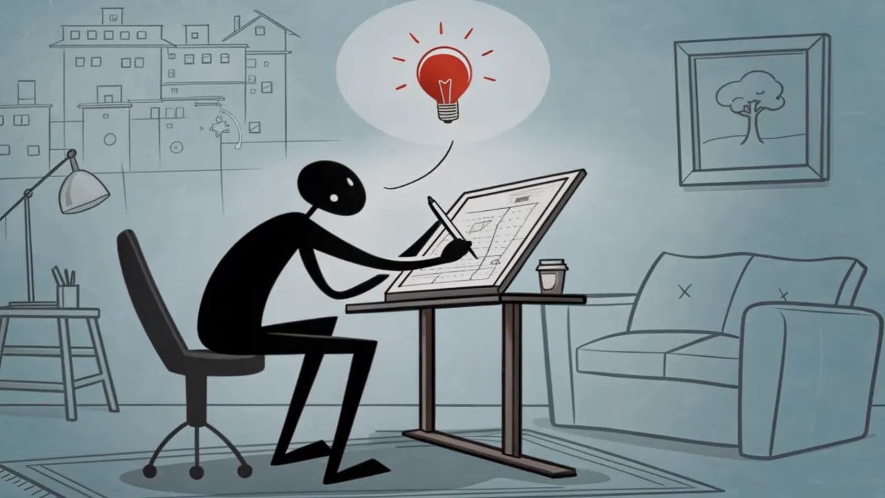 Strichmännchen sitzt am Zeichentisch, Glühbirne als Symbol für Idee, klare Illustration