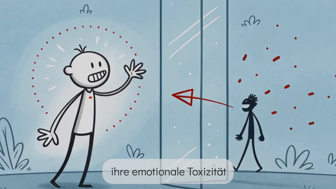 Zeichnung einer Person hinter einer Glaswand, rote Partikel (emotionale Toxizität) prallen ab