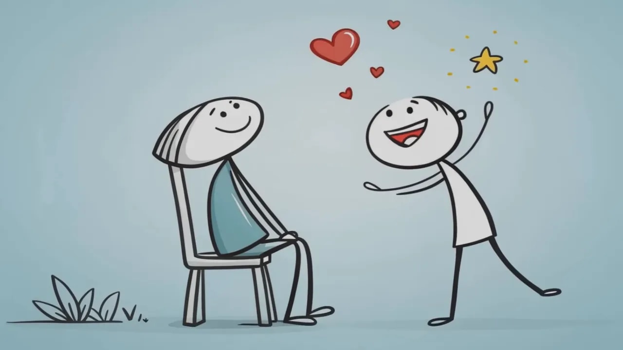 helle Zeichnung: eine Person sitzt entspannt auf einem Stuhl, daneben eine fröhliche Person mit Herzen und Stern