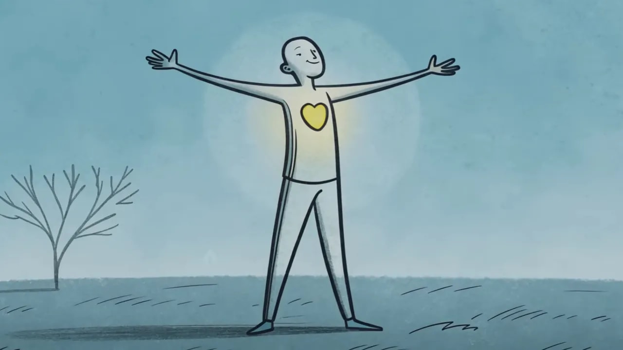 Klare Illustration einer stehenden Figur mit ausgestreckten Armen und einem leuchtenden Herz auf der Brust vor blauem Hintergrund.