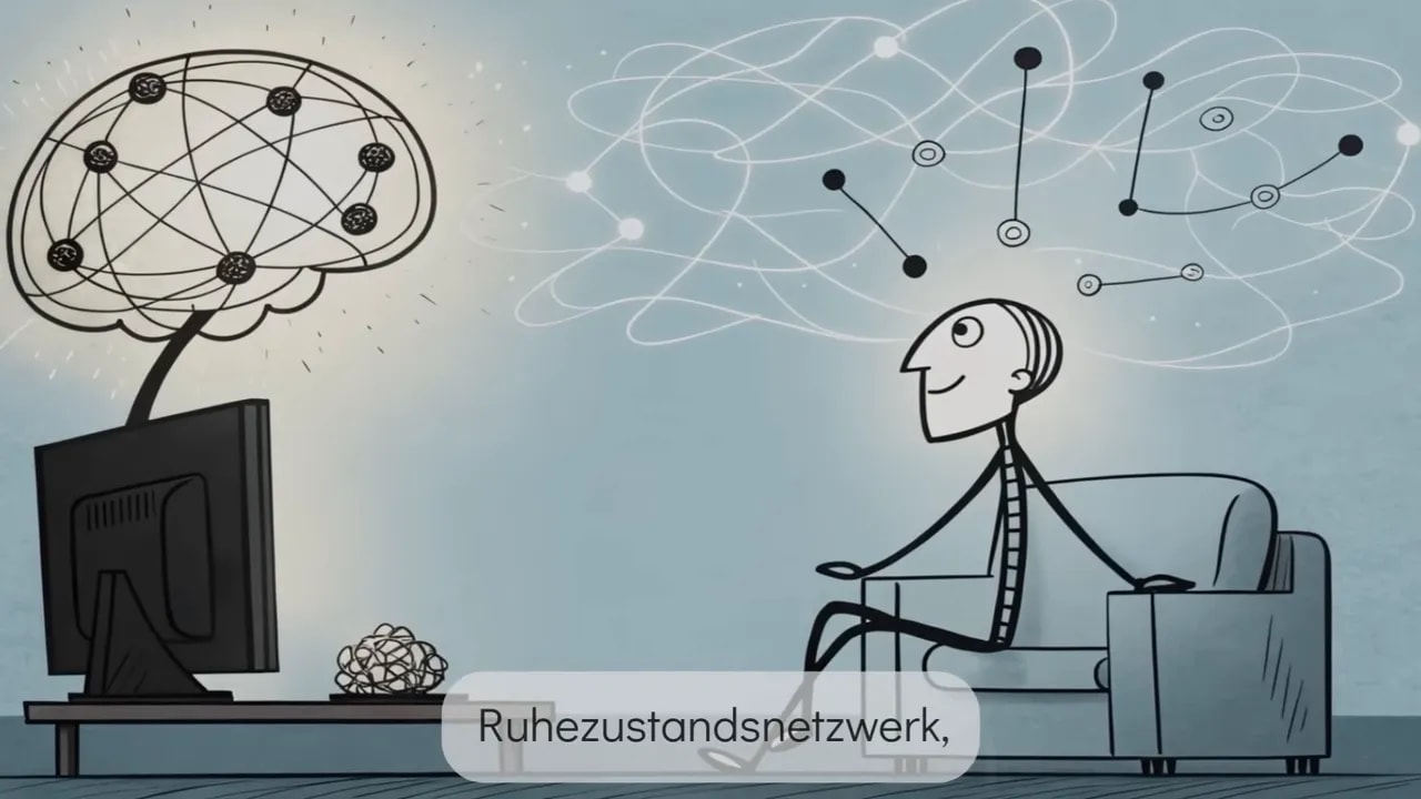 Illustration mit Person an einem Tisch, ein Gehirn-Symbol links und Netzwerk-Verbindungen als Metapher für das Ruhezustandsnetzwerk; eingeblendeter Text „Ruhezustandsnetzwerk“