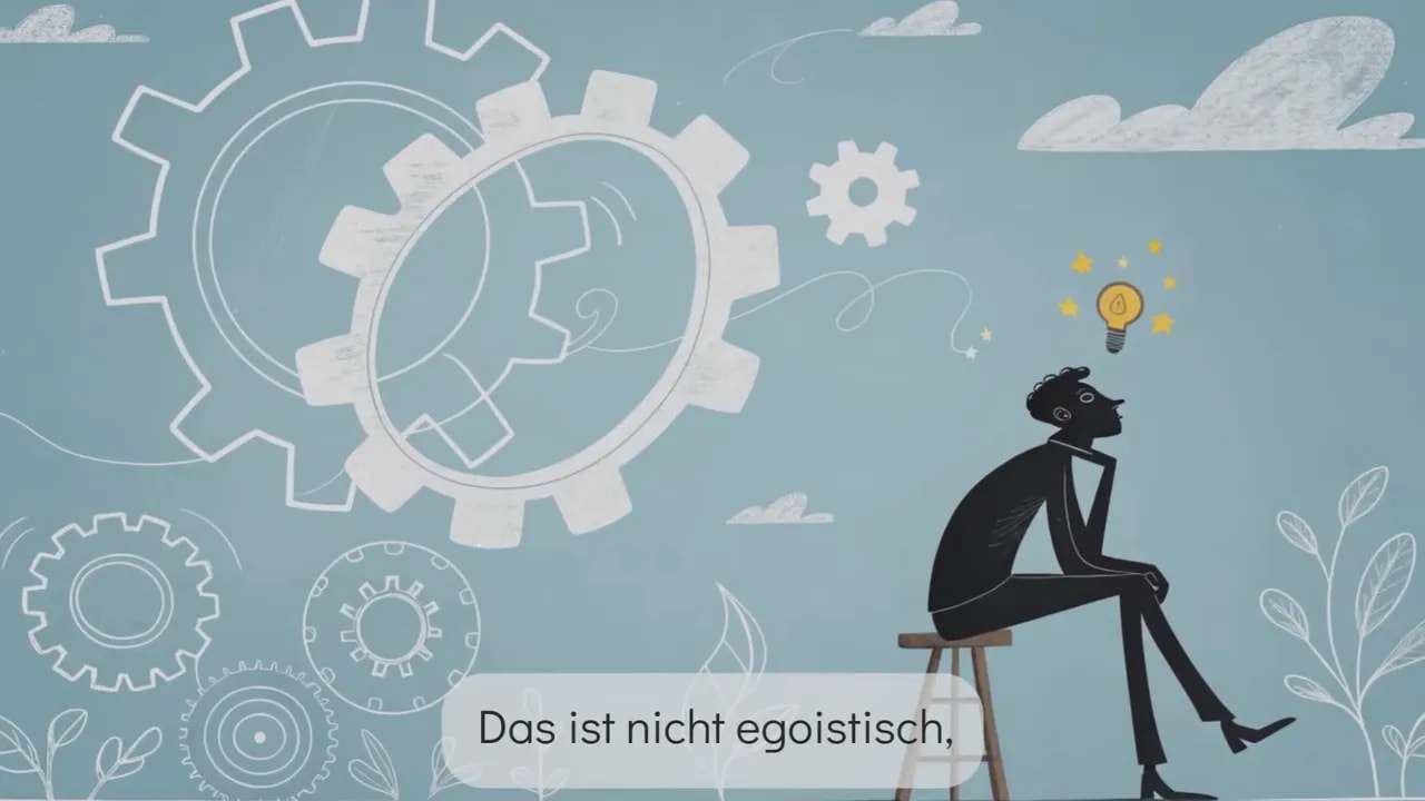 Figur sitzt nachdenklich auf einem Hocker, eine Glühbirne über dem Kopf; große Zahnräder im Hintergrund als Metapher für Arbeit und Technik.