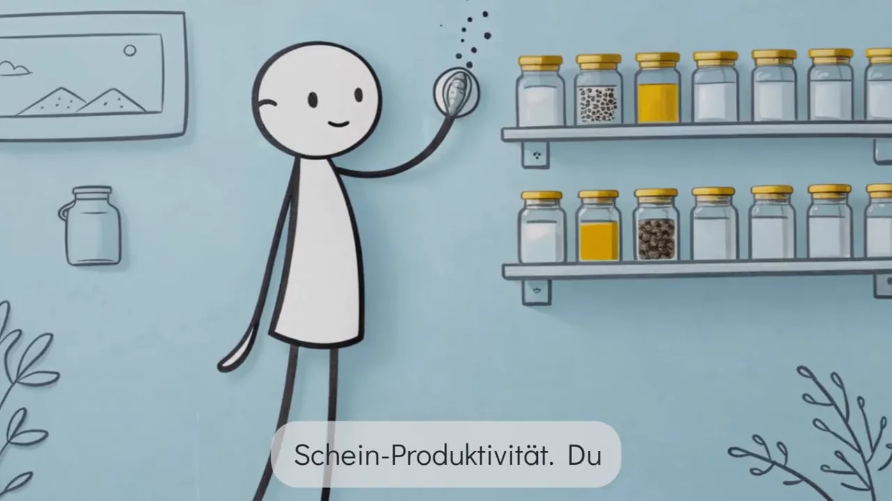 Illustration einer Strichfigur, die Gewürzgläser ordnet; eingeblendeter Text 'Schein‑Produktivität'.