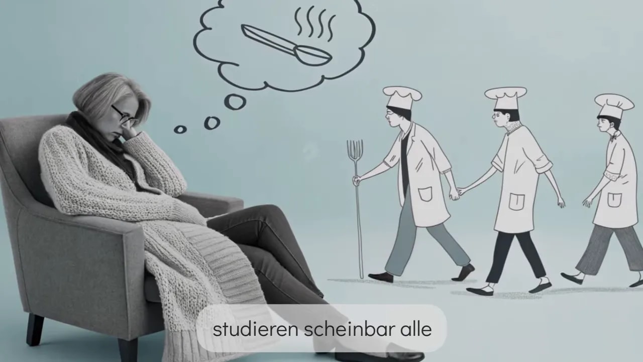 Erschöpfte Person im Sessel mit Gedankenblase, daneben gezeichnete Menschen die voranschreiten