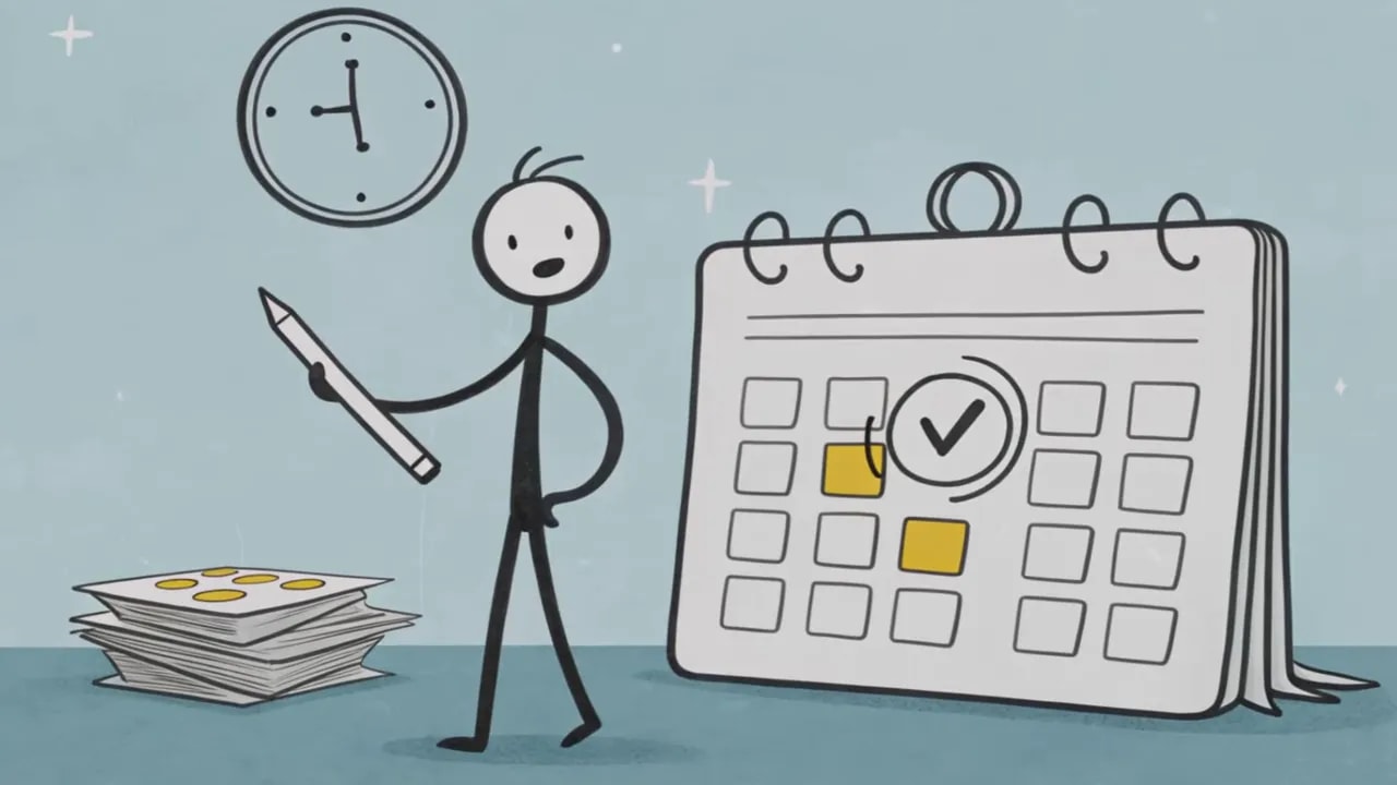 Strichmännchen neben großem aufgeschlagenem Kalender mit markierten Tagen