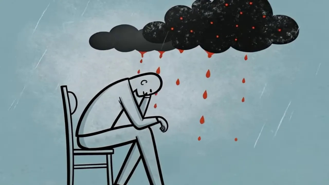Grafische Illustration: zusammengesunkene Person auf einem Stuhl unter einer dunklen Wolke, rote Tropfen fallen herab.