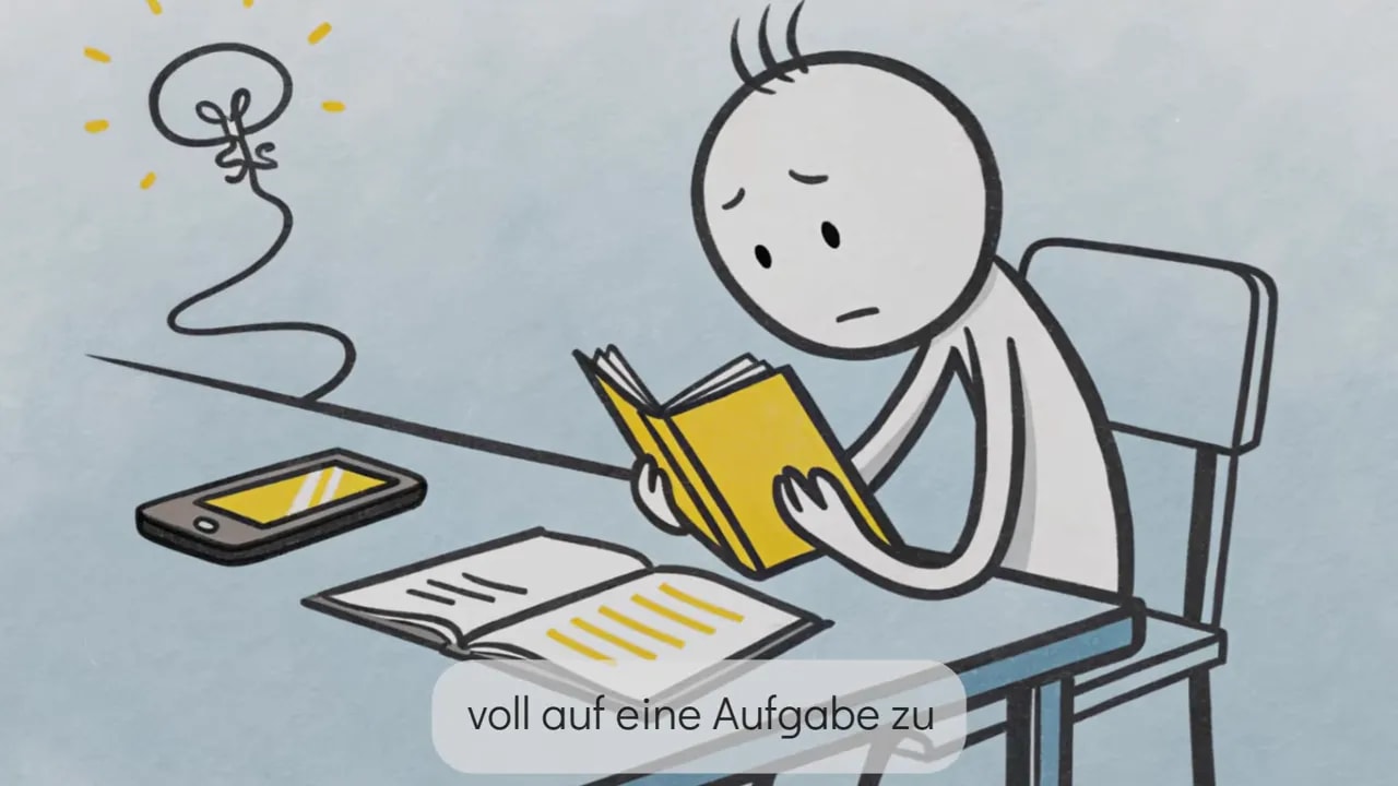 Illustration einer Person beim Lesen, Handy liegt daneben, Hinweis auf lange Konzentrations-Rückkehr
