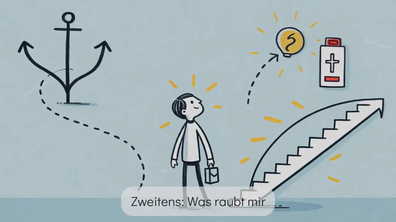 Strichmännchen vor Weggabelung, Glühbirne und Batterie als Symbole für Idee und Energie; Illustration zur Bestandsaufnahme