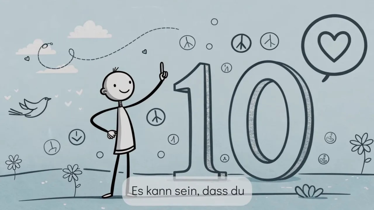 Strichmännchen zeigt auf große Zahl 10; Illustration, die das Notieren von zehn Punkten visualisiert