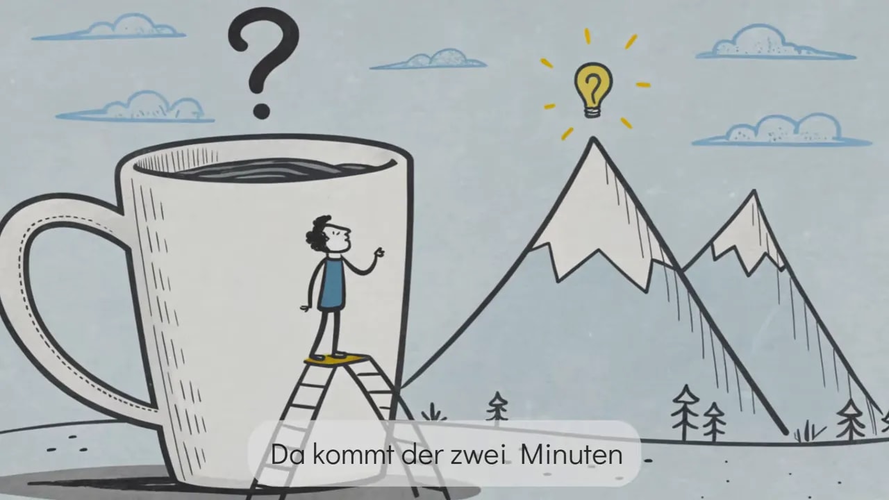 Illustration: Person auf Leiter vor Bergen mit dem Hinweis „Da kommt der zwei Minuten“