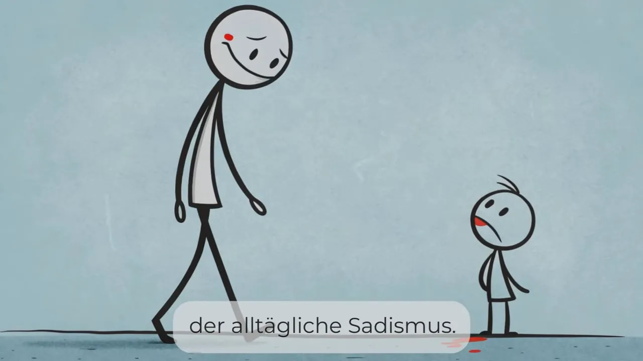 Illustration: Eine Person geht auf ein verängstigtes Kind/Person zu, Aufschrift „der alltägliche Sadismus“