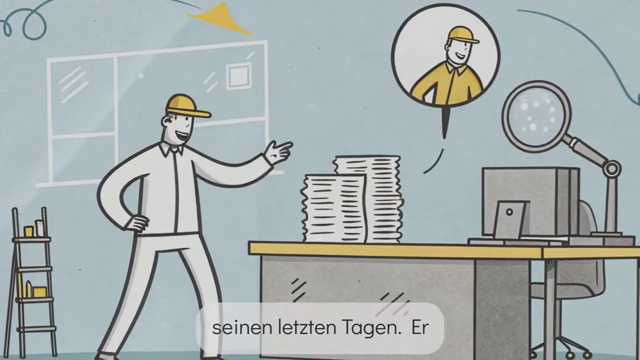Illustration: Fabrikmanager im Büro während Aussagen überprüft werden, mit Lupe und Dokumenten