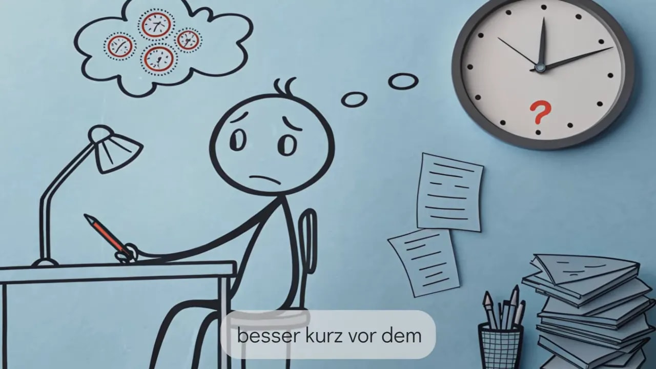 Illustration einer prokrastinierenden Person mit großer Uhr, Sorgen-Wolke und Text-Einblendung „besser kurz vor dem“