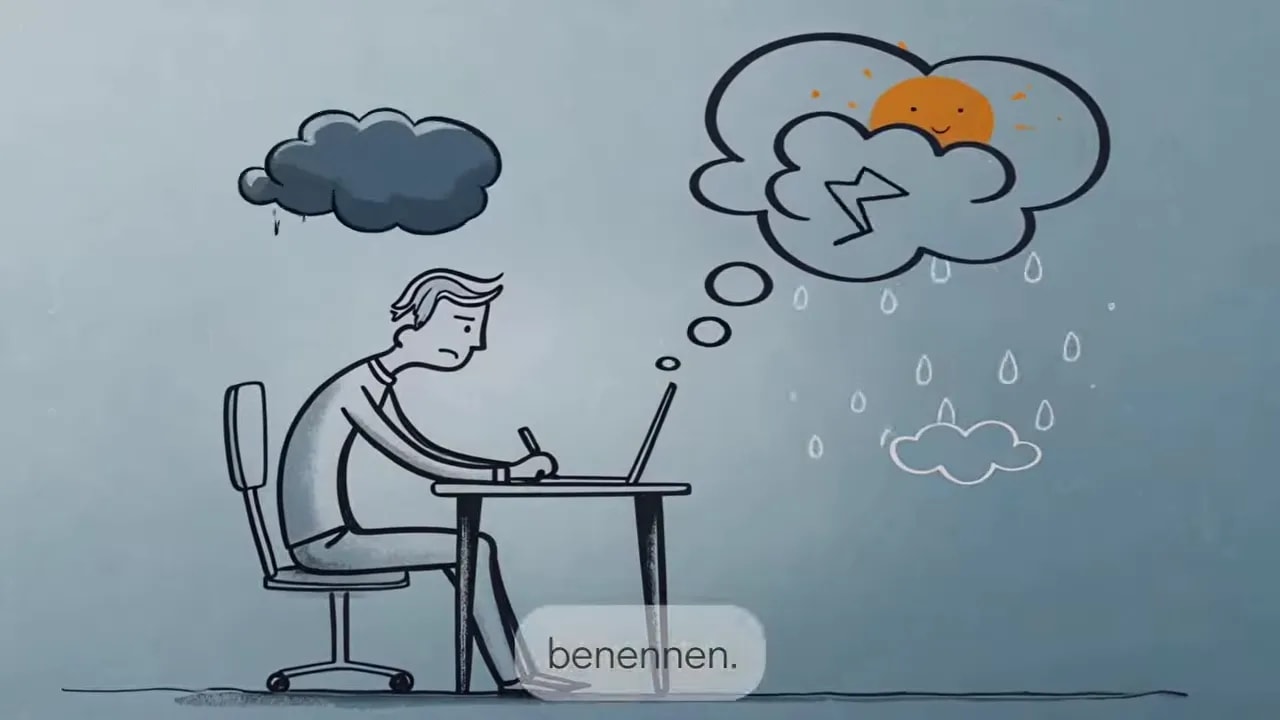 Illustration: Person am Schreibtisch mit Wolken als Emotionen und dem Hinweis „benennen“